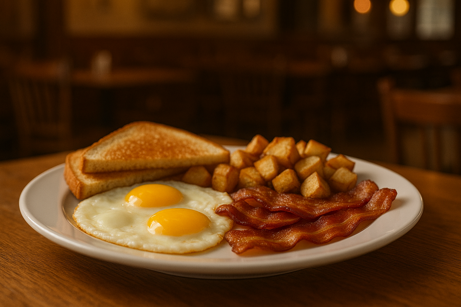 Breakfast plate with eggs, bacon, toast and homefries