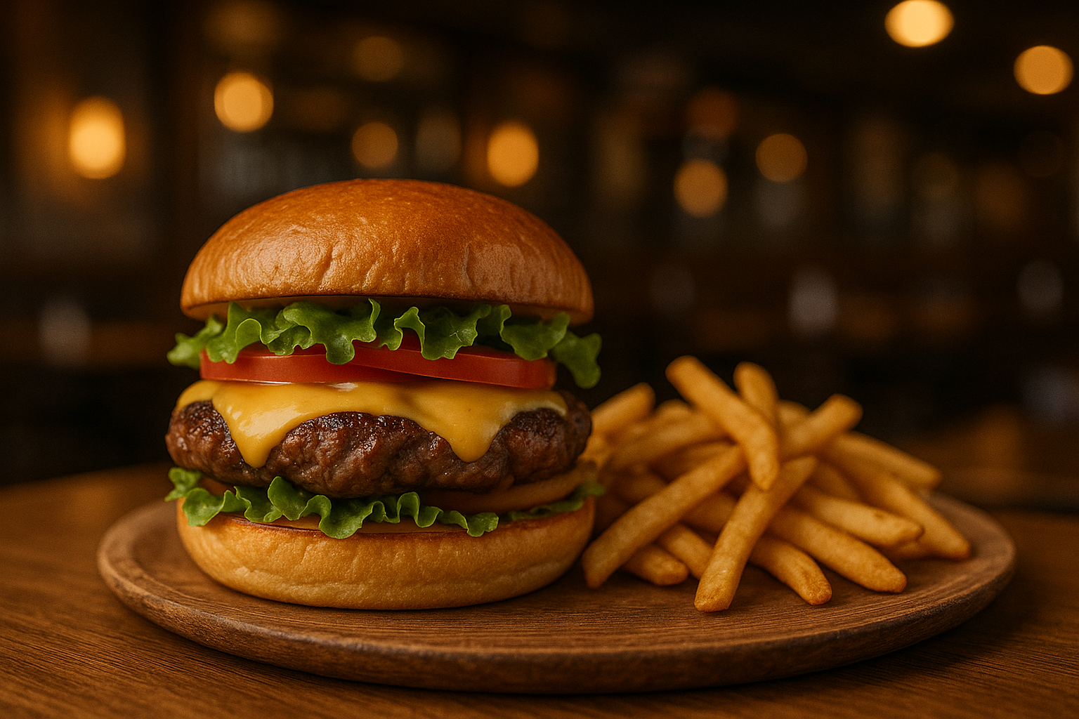 Stacked burger with golden fries on a board