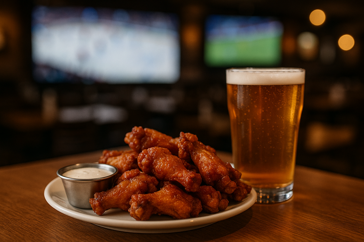 Plate of crispy wings with a pint of beer on game night